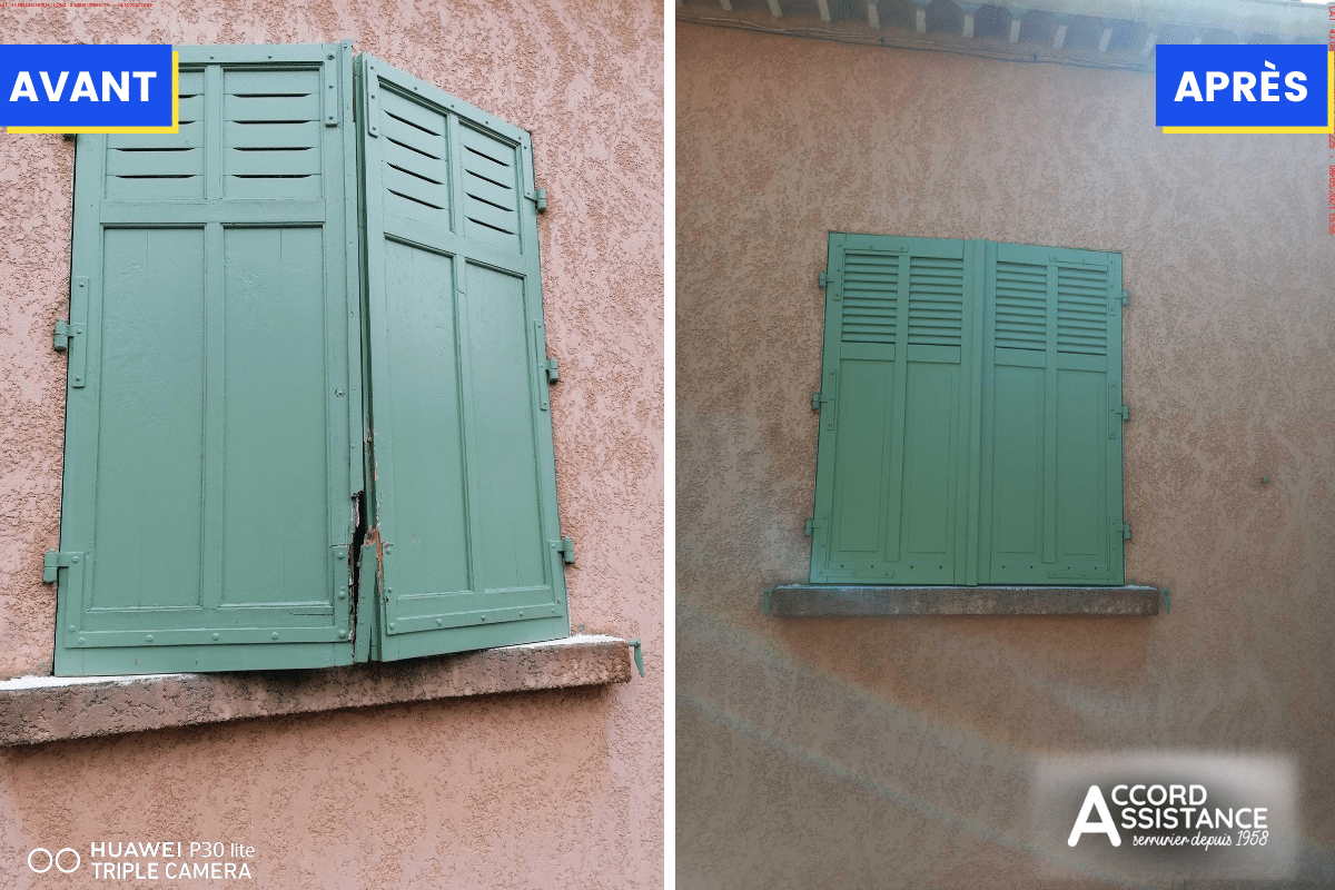 reprise d'impact sur un volet en bois